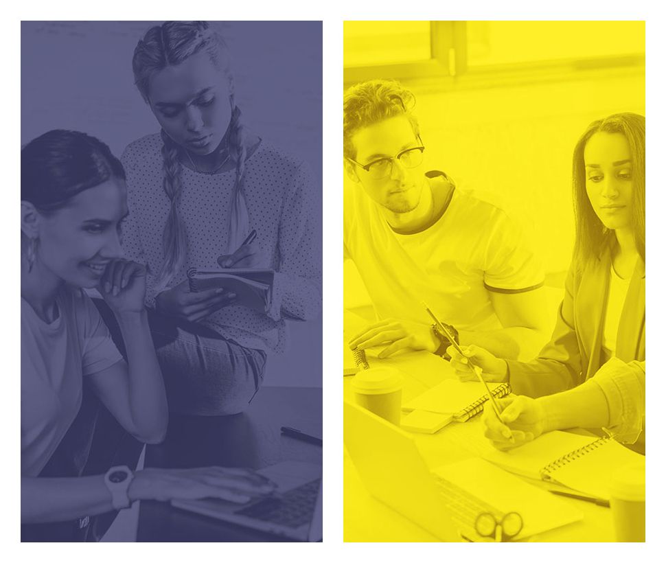 Mensen die samenwerken en studeren, duotone blauw en geel